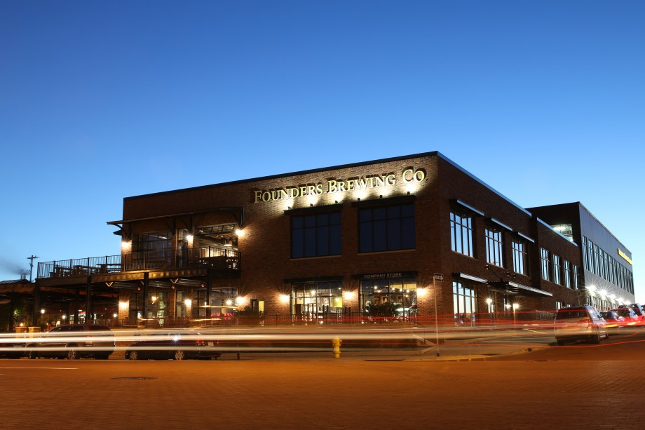 Exterior of Founders Brewing Company at night in Grand Rapids, Michigan
